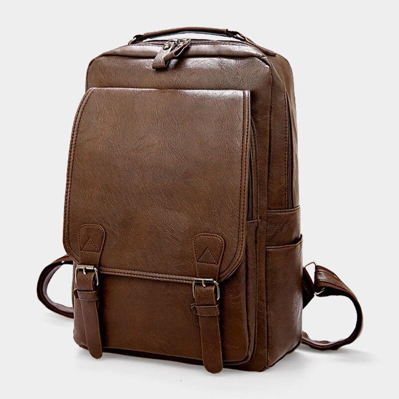 elvesmall Men PU Leather Vintage Business Waterproof Wear-Resistant Large Capacity 15.6 Inch Laptop Bag Backpack
