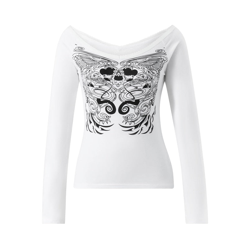 Elvesmall  y2k Fairycore Grunge Top Gothic Aesthetic Clothes Women V Neck Graphic Skull Print Long Sleeve T Shirt with Rhinestones