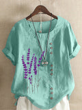 Elvesmall  Cotton and Linen Printed T Shirt Tops For Women Summer Loose  Lavender Printed T Shirt Shirts Trendy Summer Fits