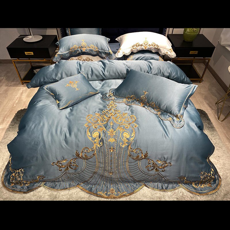 Golden Embroidery Satin Duvet Cover Set Lace Princess White Bedding Solid Color Bedspread Bed Skirt Sheet Pillowcases Luxury