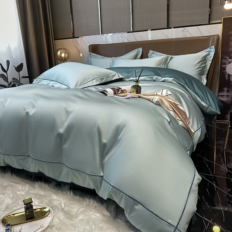 Egyptian Cotton Embroidery Duvet Cover Flat/Fitted Sheet Pillowcases Luxury Bedding Set Bedspread Mattress Cover Solid Color