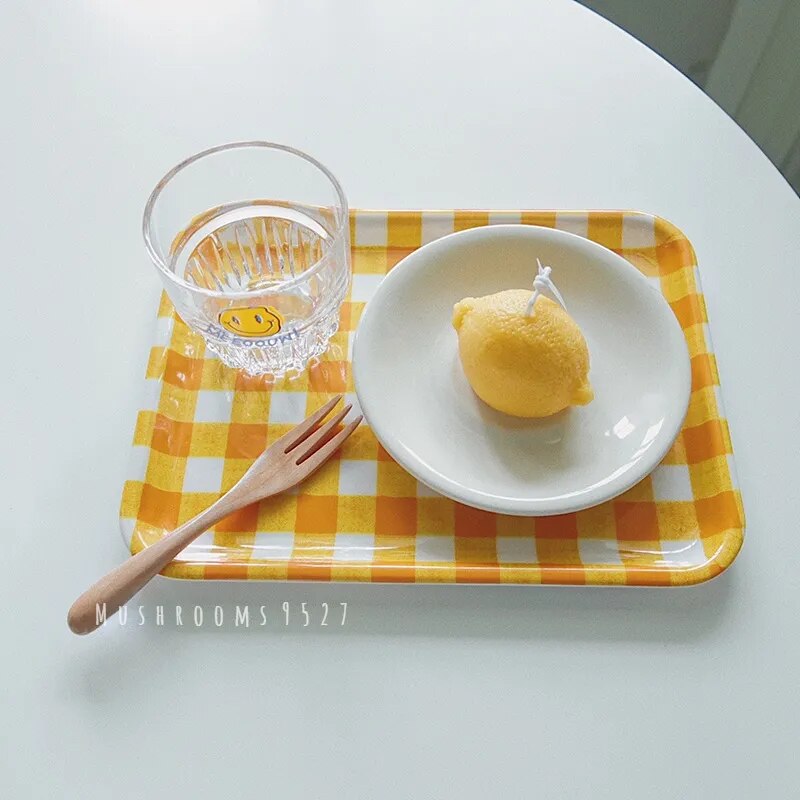 elvesmall Korean Cute Yellow Lattice Tray Melamine Rectangular Plastic Tray Cake Tray Household Bread Meal Delivery Tray Dinner Plate