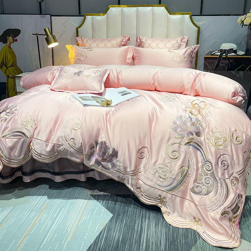 Solid Color Floral Embroidery Bedding Bed Skirt Set Blue Cotton Satin Duvet Cover Bed Sheet Bedspread Pillowcases Home Textile