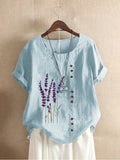 Elvesmall  Cotton and Linen Printed T Shirt Tops For Women Summer Loose  Lavender Printed T Shirt Shirts Trendy Summer Fits