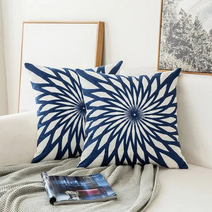 elvesmall Home Decor Embroidered Cushion Cover Navy Blue/White Geometric Floral Canvas Cotton Embroidery Pillow Cover 45x45cm