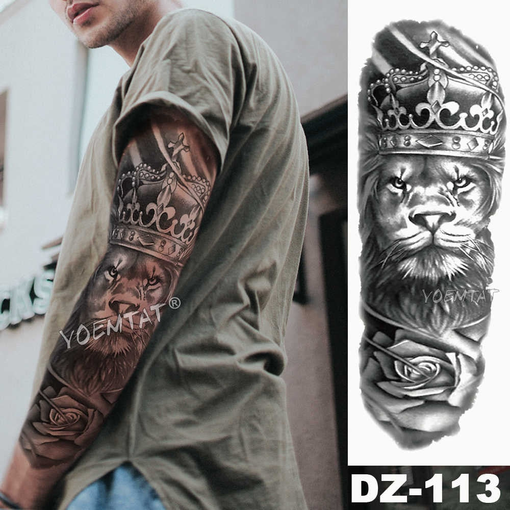 elvesmall Large Arm Sleeve Tattoo Warrior Dragon Clock Lotus Waterproof Temporary Tattoo Sticker Angel Saint Men Full Skull Totem Tatoo
