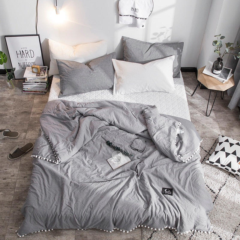 elvesmall Summer Gray Air Condition Quilts duvet with little white Pompons bed linens Washed cotton throw blankets Solid bedding #s