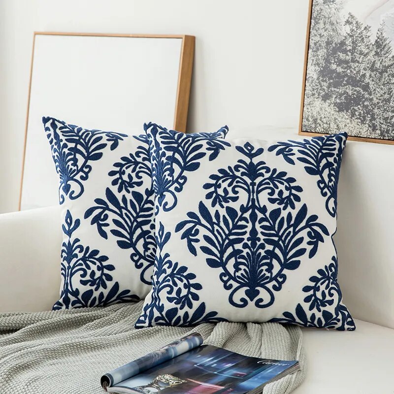 elvesmall Home Decor Embroidered Cushion Cover Navy Blue/White Geometric Floral Canvas Cotton Embroidery Pillow Cover 45x45cm