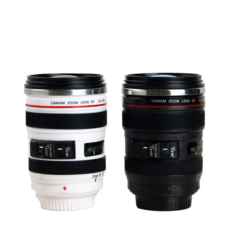 elvesmall Stainless Steel Camera EF24-105mm Coffee Lens Mug White Black Coffee Mugs Creative Gift Coffee Cups