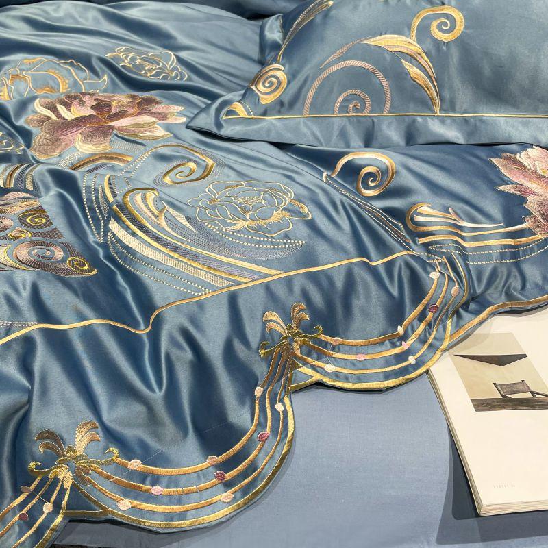 Solid Color Floral Embroidery Bedding Bed Skirt Set Blue Cotton Satin Duvet Cover Bed Sheet Bedspread Pillowcases Home Textile