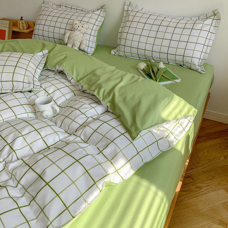 elvesmall Fashion Bedding Set White Green Double Bed Linens Nordic Duvet Cover Pillowcase Queen Size Flat Sheet Classic Grid Kids Winter