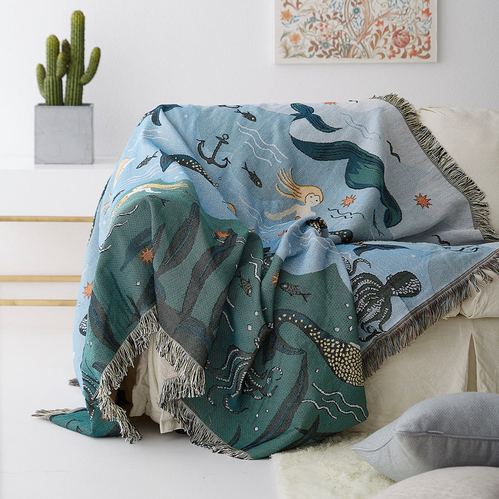 elvesmall Textile City Nordic Style Throw Blanket Mermaid Pattern Blanket For Bed Living Room Tapestry Carpet Sofa Blanket Cover Bedspread