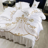 Golden Embroidery Satin Duvet Cover Set Lace Princess White Bedding Solid Color Bedspread Bed Skirt Sheet Pillowcases Luxury