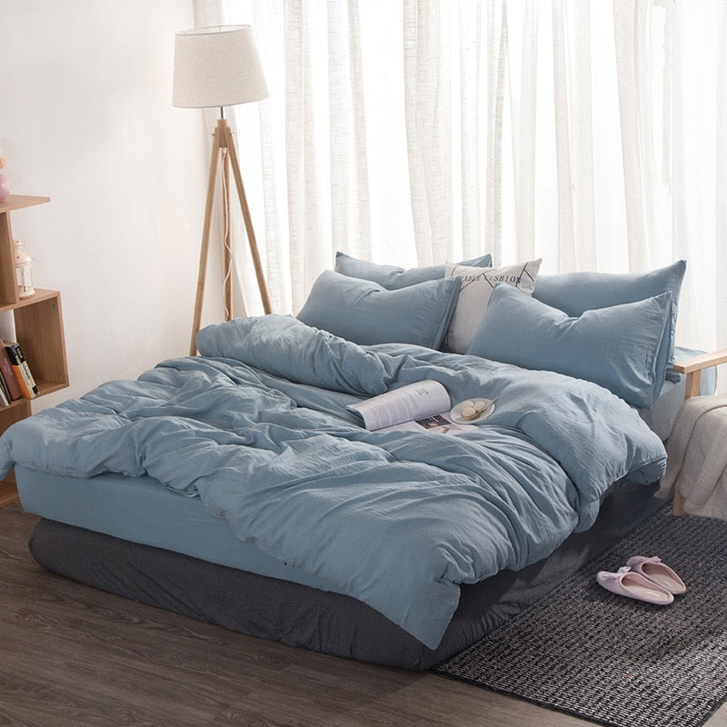 Elvesmall Product Solid Color 3/4 Pcs Bedding Set Microfiber Bedclothes Navy Blue Gray Bed Linens Duvet Cover Set Bed Sheet