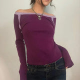 Elvesmall  Indie Cute 00s Vintage Purple T Shirt Y2K Knit Ribbed Long Sleeve Tops Chic Women Fairycore Grunge Aesthetic Tees Korean Fashion