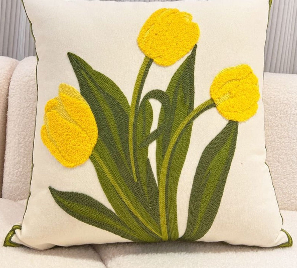 elvesmall Retro Tulips Orchid flower Embroidered Pillowcase Cushion Cover Morden Casual Cotton Case Sofa Bedroom Decro 45x45cm
