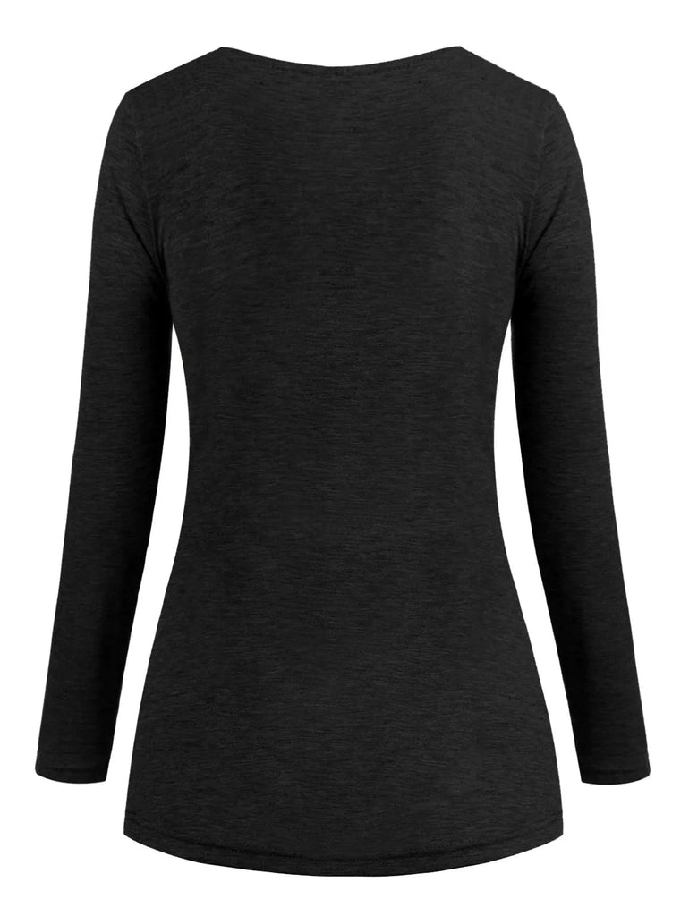 Elvesmall  Autumn New Solid Color Cowl Neck Heather Mock Button T-shirt Long Sleeve Tee Women T Shirt Marled Top Women Casual T-Shirts