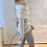 Elvesmall  Elegant Lady Folds Slash Neck T Shirt Korean Fashion Chic Women Full Sleeve Slim Fit Tees 90s Vintage Knitted Tops Streetwear