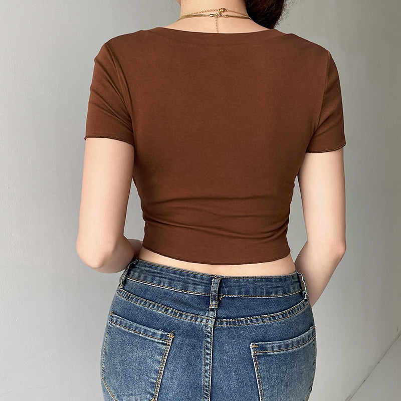 Elvesmall  Y2K Lace Trim Crop Top Brown Cotton Button T Shirt Short Sleeve V Neck Retro Harajuku Basic Casual Cardiagns Women Tee