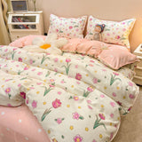 Elvesmall Tulips Duvet Cover Set with Flat Sheet Pillowcases Fashion Twin Double Queen Size Bed Linen Soft Boys Girls Bedding Kit