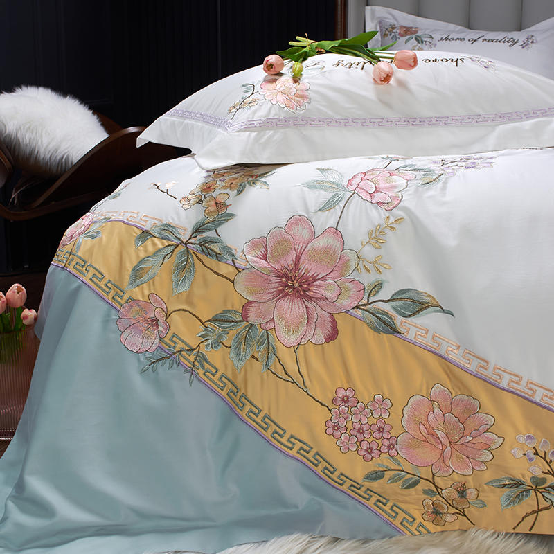 Elvesmall New Luxury White Bedding Set 100% Cotton 4pcs Flower Embroidery Princess Duvet Cover Flat Sheet Pillowcases Queen King Size