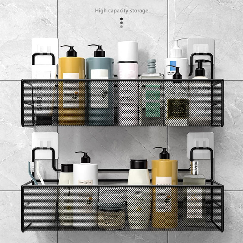 elvesmall Wall-mount Bathroom Shelf Shower Shampoo Rack Toilet Accessories Kitchen Free Punch Condiment Storage Basket Bathroom Organizer