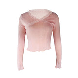 Elvesmall  y2k Fairy Grunge Tops Sweet Women V Neck Lace Patchwork Long Sleeve T Shirt E Girl Knitted Clothes 2000s Streewear