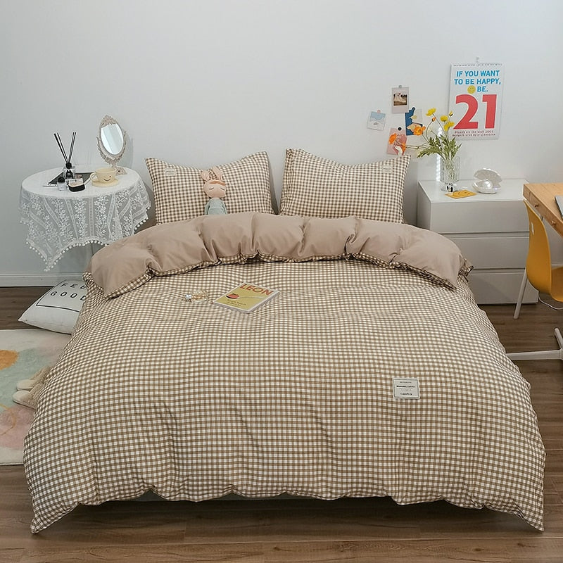 elvesmall 100% Cotton Japanese Simple Style Duvet Cover,Bedding Set With Plaid Stripe,Skin Friendly Breathable,1 Duvet Cover,2 Pillowcase