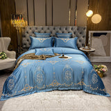 Elvesmall New Luxury White Satin Cotton Bedding Set Royal Embroidered Solid Color Duvet Cover Flat Sheet Linen Pillowcases Home Textiles