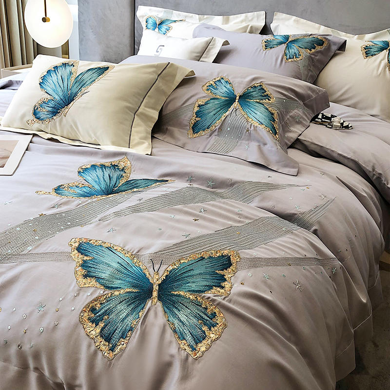 Blue Butterfly Embroidery Bedding Set Luxury Grey Egyptian Cotton Soft Duvet/Quilt Cover Flat Bed Sheet Pillowcases King Queen