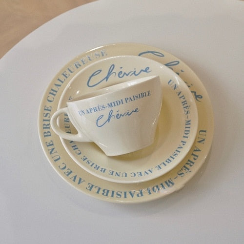elvesmall Korean Niche Chic Retro French Alphabet Cream Yellow Green Ceramic Coffee Cup and Saucer Eight-inch Dessert Plate