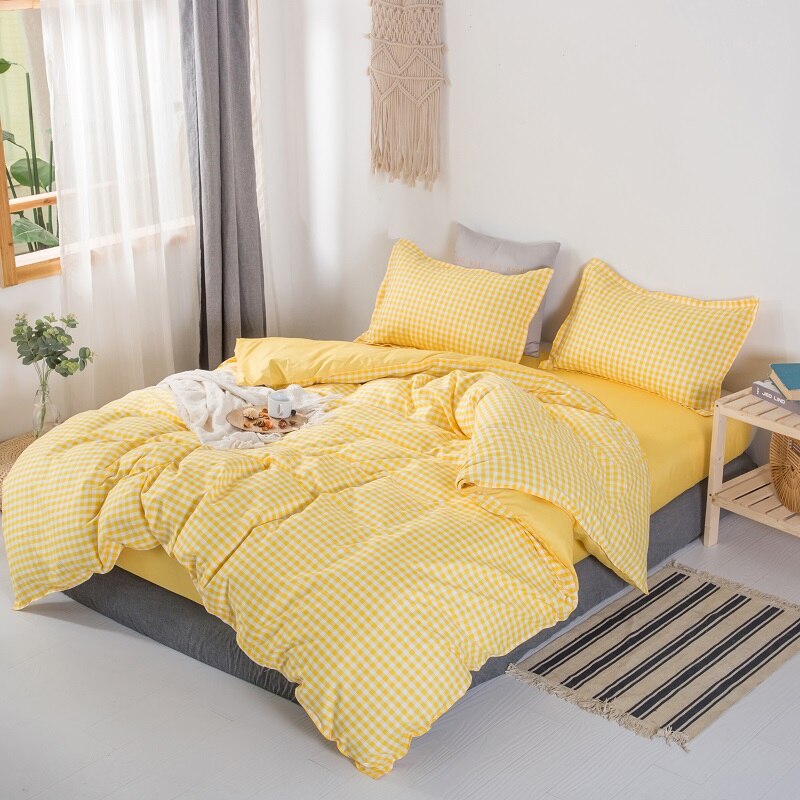 Elvesmall back to school Japanese Bedding set， 220x240 Duvet Cover With Pillowcase, 210x210 Quilt Covers ,Yellow Plaid Blanket Cover,king Size Bed Set