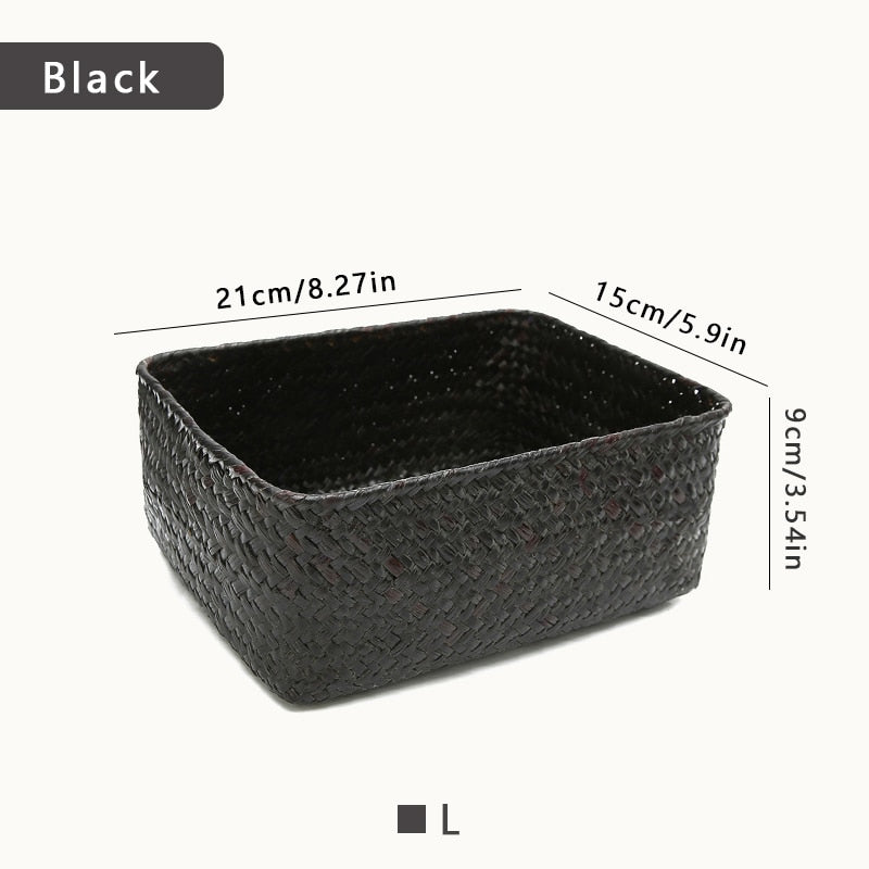 elvesmall Handmade Woven Storage Box Straw Organizers Basket Rectangle Gadgets Toys Sundries Basket Container Home Bathroom Kitchen Case