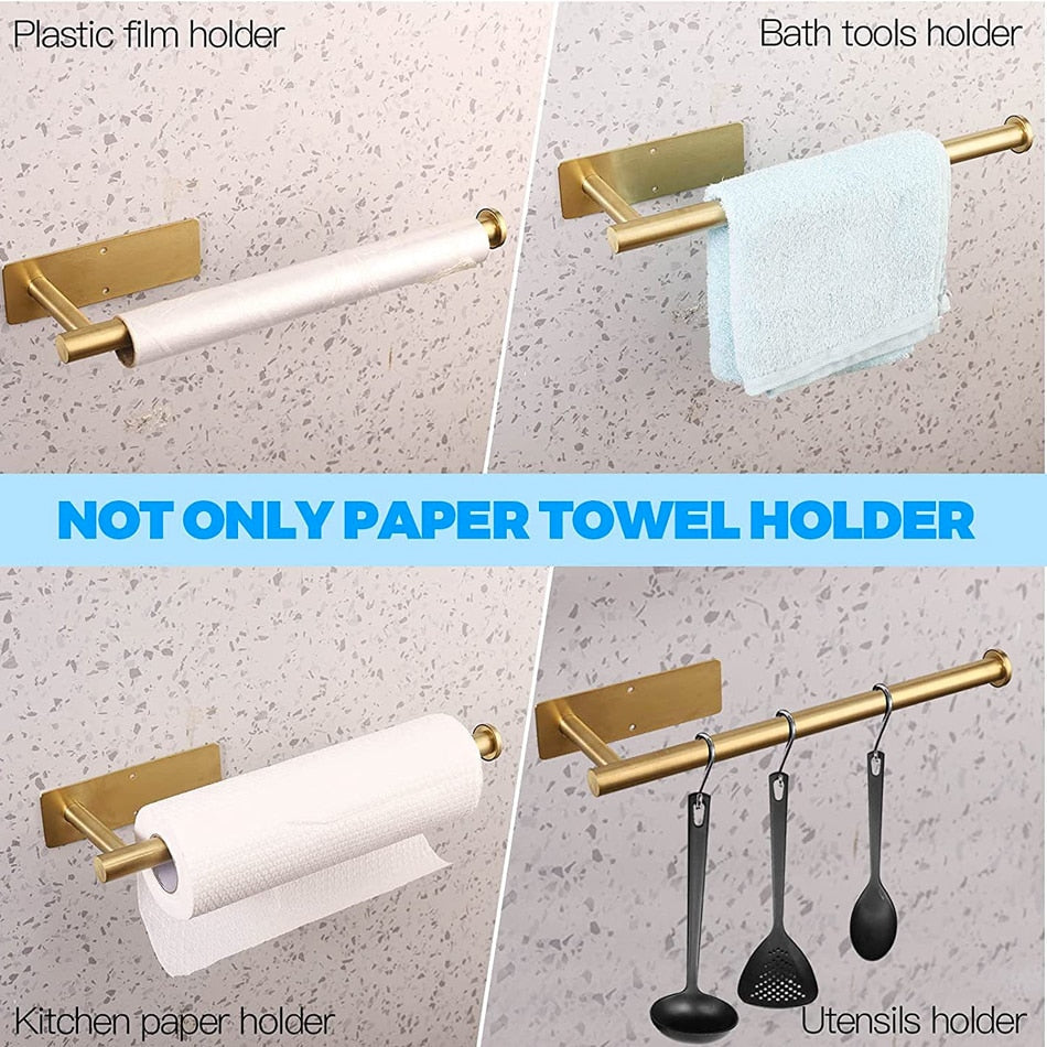 elvesmall Adhesive Toilet Paper Holder 304 Stainless Steel Brushed Gold Paper Towel Roll Rack Black Bathroom Kitchen Long Tissue Hanger