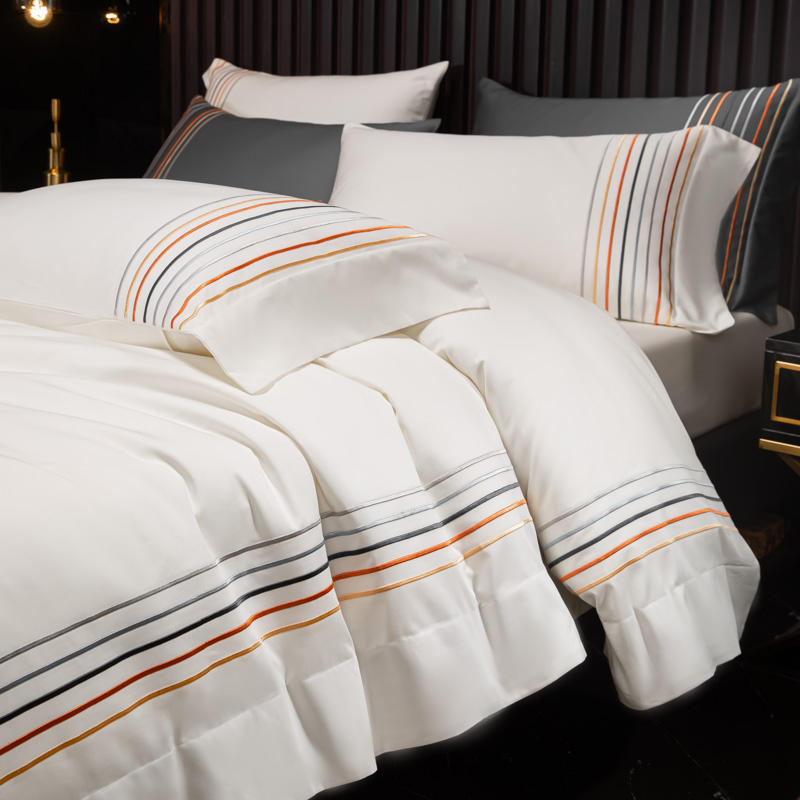 Elvesmall 100% Cotton Bedding Set Luxury 4pcs White Stripe Embroidered Solid Color Hotel Duvet Cover Bed Sheet Pillowcases King Queen