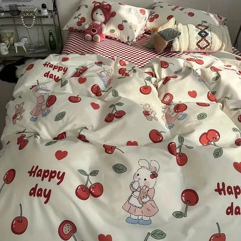 Elvesmall back to school Korean Style Bedding Set Boys Girls Twin Queen Size Duvet Cover Flat Sheet Pillowcase Bed Linen Kids Adult Fashion Home Textile