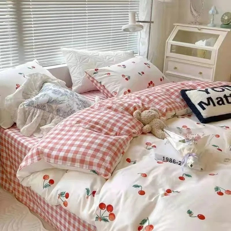 elvesmall Korean Style Bedding Set Twin Queen Size Cute Cream Cherry Duvet Cover Flat Sheet Pillowcase Polyester Boys Girls Bed Linen