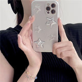 elvesmall Silver 3D Stars Korea INS Phone Case for IPhone14 13mini 12 11 8 7 6Pro XS Max X XR SE Cool Y2K Soft Shell Full Coverage Vintage