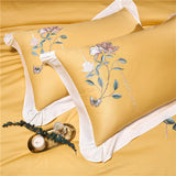 High end Flowers Embroidery Duvet Cover Set Luxury 100S Cotton Yellow Bedding Bed Sheet Pillowcases Solid Color Home Textile