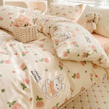Elvesmall Ins Style Duvet Cover Set with Flat Sheet Pillowcases Cute Orange Cherry Crow Printed Single Double Queen Size Girls Bedding Kit