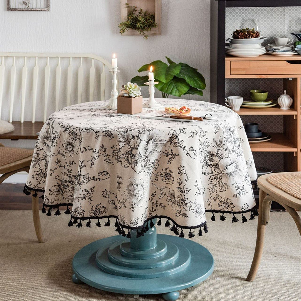 elvesmall Cotton Linen Table Cloth Round Tablecloth with Tassel Dust-Proof Floral Circular Table Cover for Kitchen Dinning Tabletop Decor