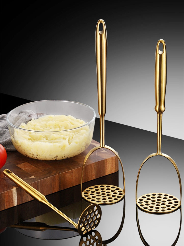 elvesmall Home Manual Stainless Steel Potato Masher Pressed Pumpkin Ricer Smooth Mashed Crusher Fruit Vegetable Press Gold Kitchen Gadgets