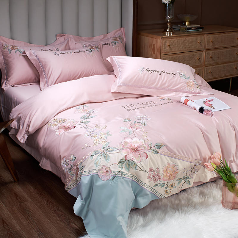 100% Cotton Floral Embroidery Bedding Set Luxury 4pcs Pink Princess Duvet Cover Bed Sheet Linen Pillowcases Home Textile
