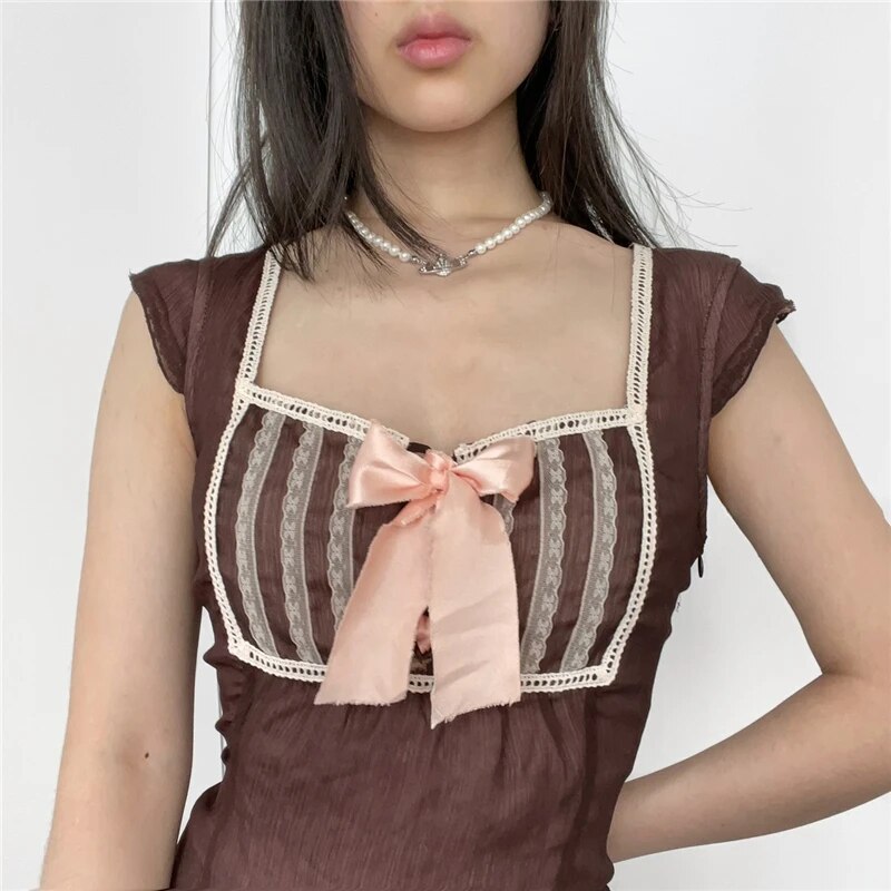 Elvesmall  y2k Lace Patchwork Crop Top Square Collar T Shirt with Bow Ruffles Sleeve Pullovers Summer Kawaii See Through Tee