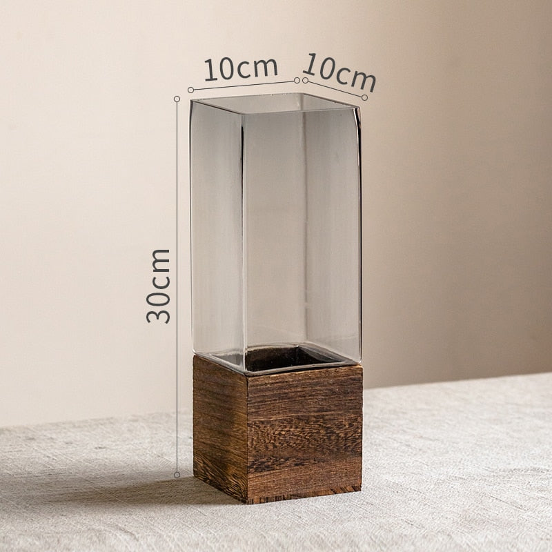 elvesmall Nordic Glass Vase with Wooden Base for Hydroponic Flowers Artificial Dried Flowers Living Room Office Desk Terrarium Decoration