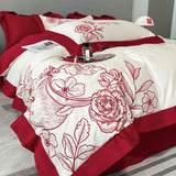 Elvesmall Egyptian Cotton Bedding Set Red Flowers Embroidery Duvet Cover Soft Bed Sheet Pillowcases Bed Sets Home Textile Queen King Size