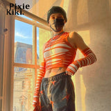Elvesmall  Trendy Hole Cut Out Crop Top with Arm Sleeves Y2k Harajuku Streetwear Sexy T Shirts Women Orange Blue Swaggy Outfits