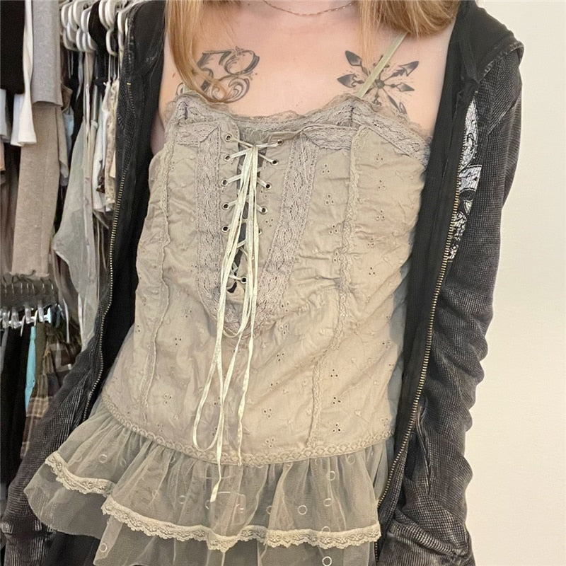 Elvesmall  y2k Vintage Women Fairy Grunge Crop Tops 2000s Aesthetic Lace Sleeveless Camis Kawaii Square Neck T Shirt Streetwear