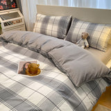 elvesmall 100% Cotton Plaid Geometric Bedding Set  Knit Bed Linens Sheet Pillowcase Home Textile Soft Bed Linen