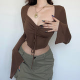Elvesmall  Skinny Crop Top Women Spring Summer Vintage Flare Sleeve Drawstring Sexy T Shirt American Retro Bodycon Tee Y2K Clothes